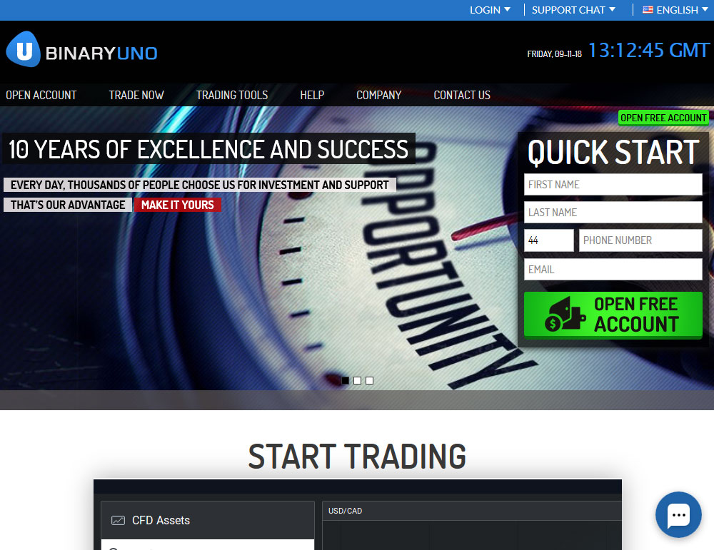 Binary Uno Broker Website Screenshot